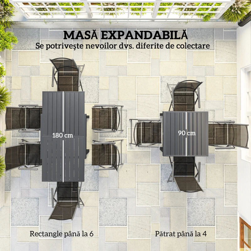 Outsunny Set de Grădină din 7 Piese cu Masă Extensibilă și 6 Scaune Pliabile cu Brațe, 90/180x90x75 cm, Gri și Negru