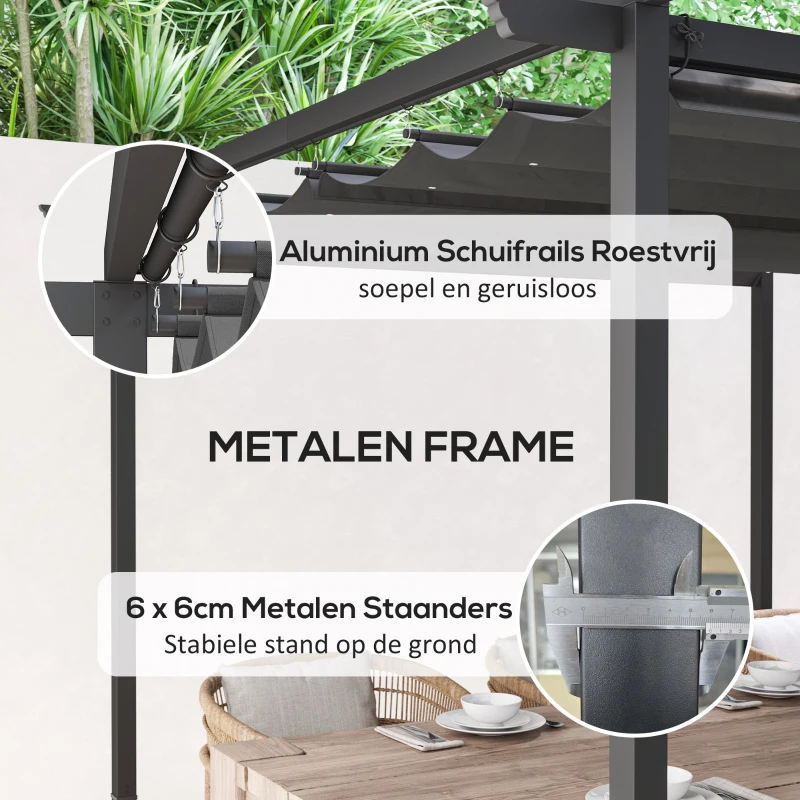 Outsunny 3 x 3 m Tuin-Pergola met Verstelbaar Dak, Metalen Frame, UPF30+ Bescherming, Zonnedak voor Veranda, Terras, Donkergrijs