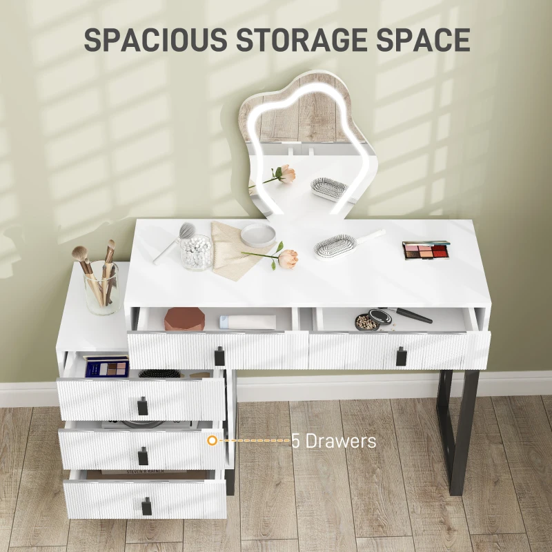 HOMCOM Dressing Table, Vanity Desk with Leaf Shape Mirror, Makeup Table with 5 Drawers, 3-Colour LED Lights, 100x40cm Tabletop, White