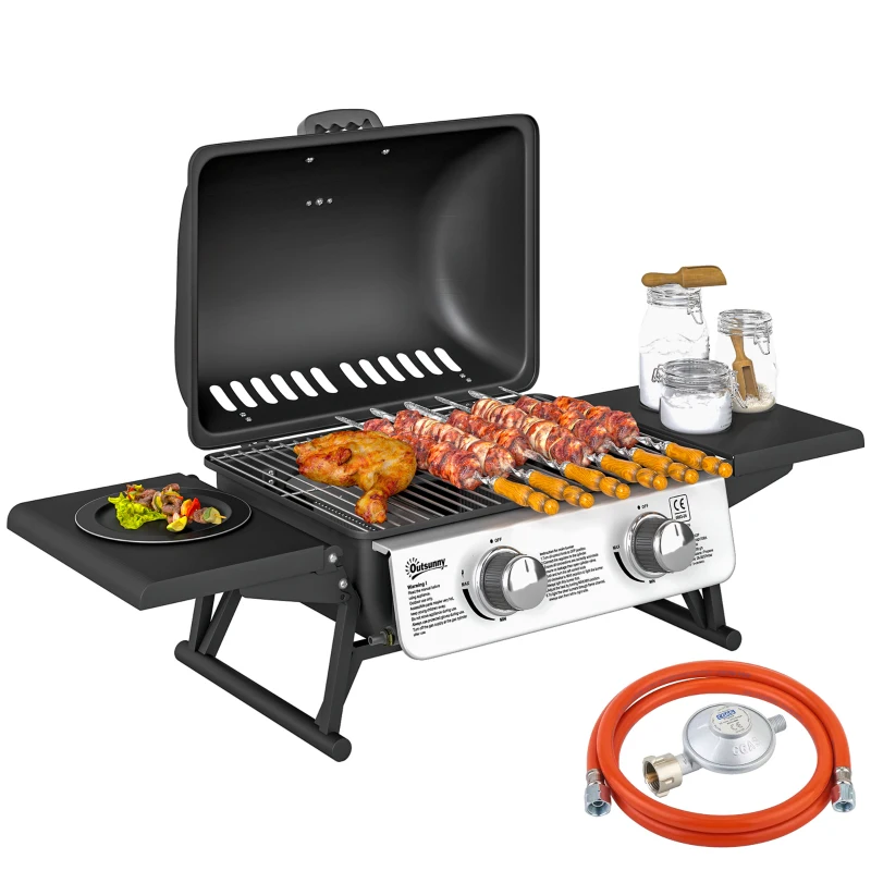 Outsunny Barbecue a Gás com 2 Queimadores de Aço Inoxidável 3 KW Prateleiras Laterais Bandeja e Termómetro 101x48x41 cm Preto