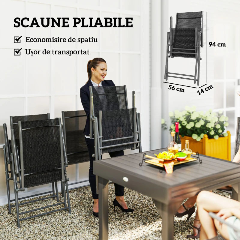 Outsunny Set de Grădină din 7 Piese cu Masă Extensibilă și 6 Scaune Pliabile cu Brațe, 90/180x90x75 cm, Gri și Negru