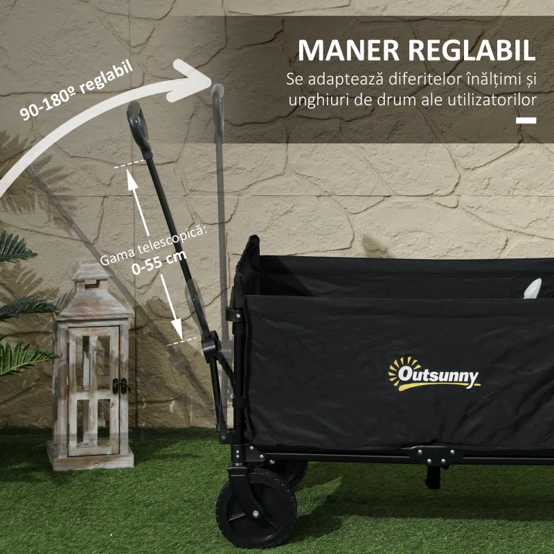 Outsunny Cărucior Pliabil pentru Grădină cu Roți și Mâner Reglabil,  90x48x62 cm, Negru