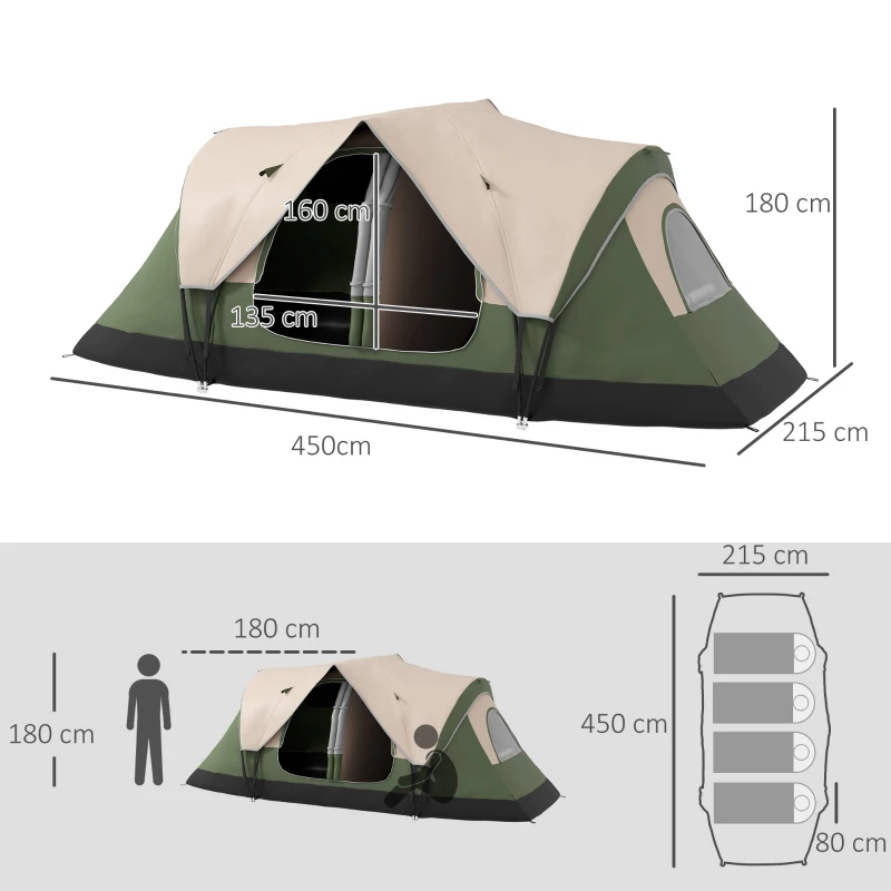 Outsunny Campingzelt, 2 Räume, Trennwand, für 6-8 Personen, Regenschutz, Dunkelgrün(m-3)