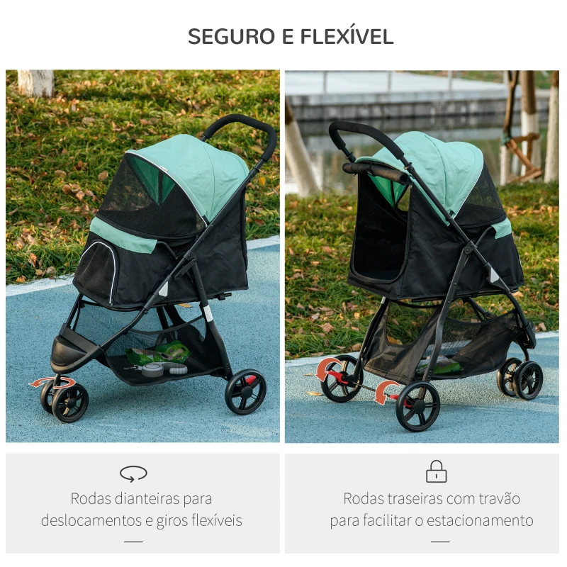 PawHut Carrinho para Cães Dobrável para Cães Pequenos com Cesta de Armazenamento Janela de Malha Capa para Chuva 80,5x51,5x100 cm Verde