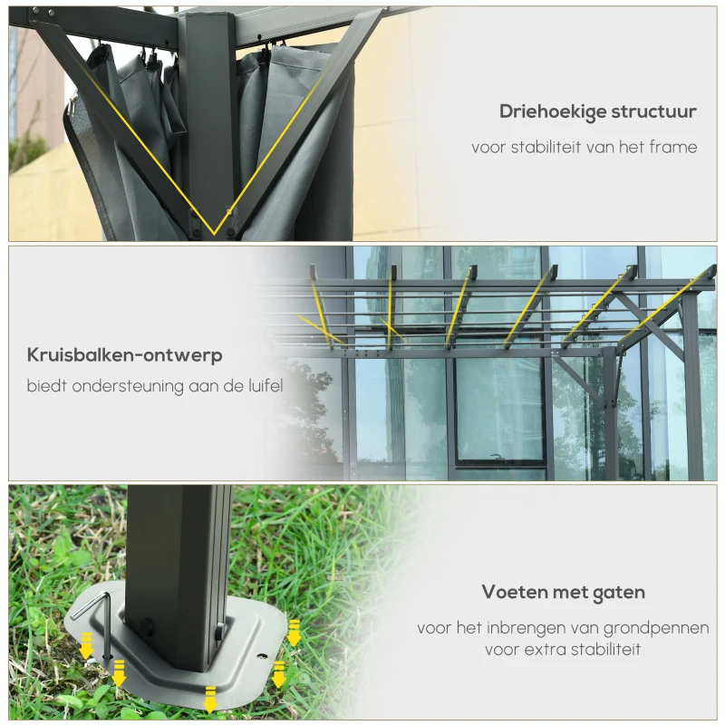 Outsunny pergolapaviljoen met verstelbaar stoffen dak weerbestendig waterafstotend zonwering polyester staalgrijs 3,6 x 3 x 2,43 m