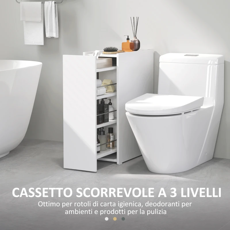 HOMCOM Mobiletto Bagno Salvaspazio a 3 Livelli con Binari Scorrevoli, in Legno, 47x25x66.5 cm, Bianco