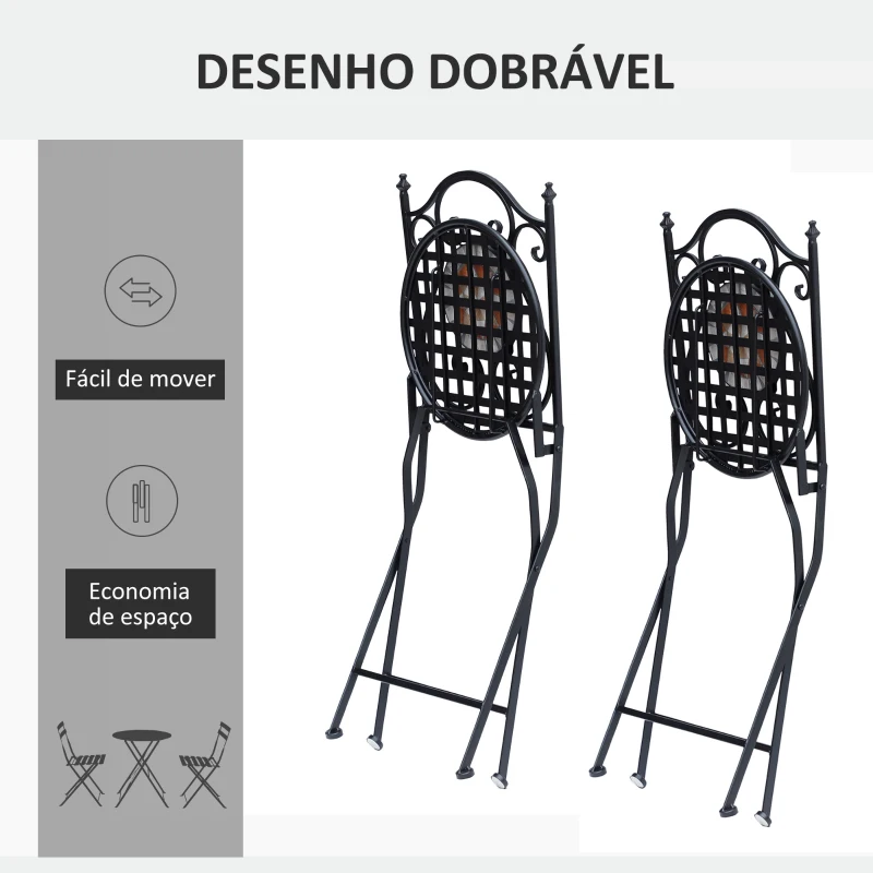 Outsunny Conjunto de 2 Cadeiras Dobráveis de Jardim Cadeiras com Mosaico Carga Máxima 120 kg 50x40x94,5 cm Preto