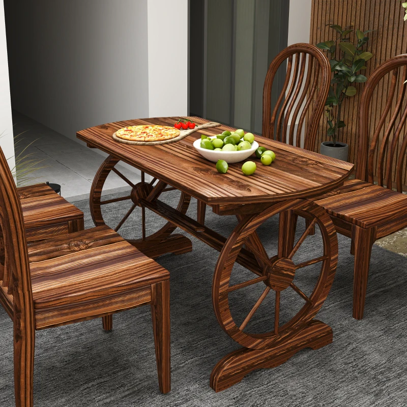 Outsunny Mesa de Jardim de Madeira 120x63x70 cm com Pernas em Forma de Roda Orifício para Chapéu de Sol Madeira Carbonizada
