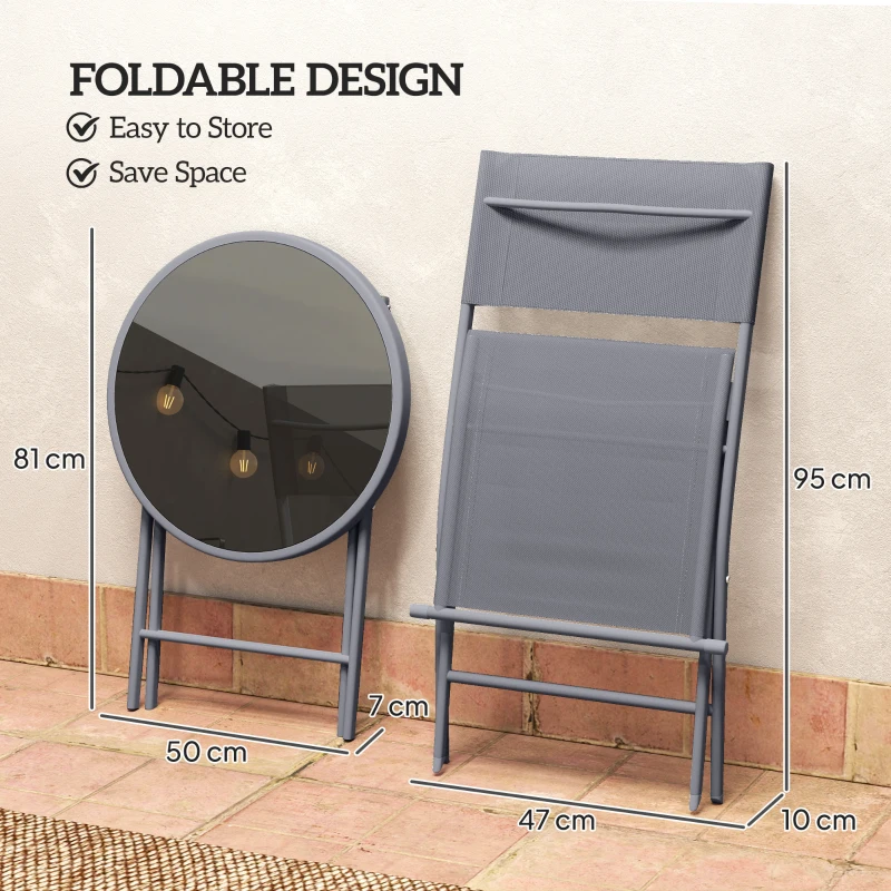 Outsunny 3 Pieces Outdoor Bistro Set, Glass Top Outdoor Table and 2 Folding Chairs with Protecting Feet, Grey