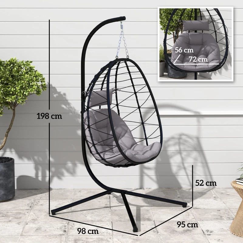 Outsunny Cadeira Suspensa com Suporte Baloiço Jardim com Cesto Dobrável Almofada e Apoio de Cabeça 98x95x198 cm Cinzento