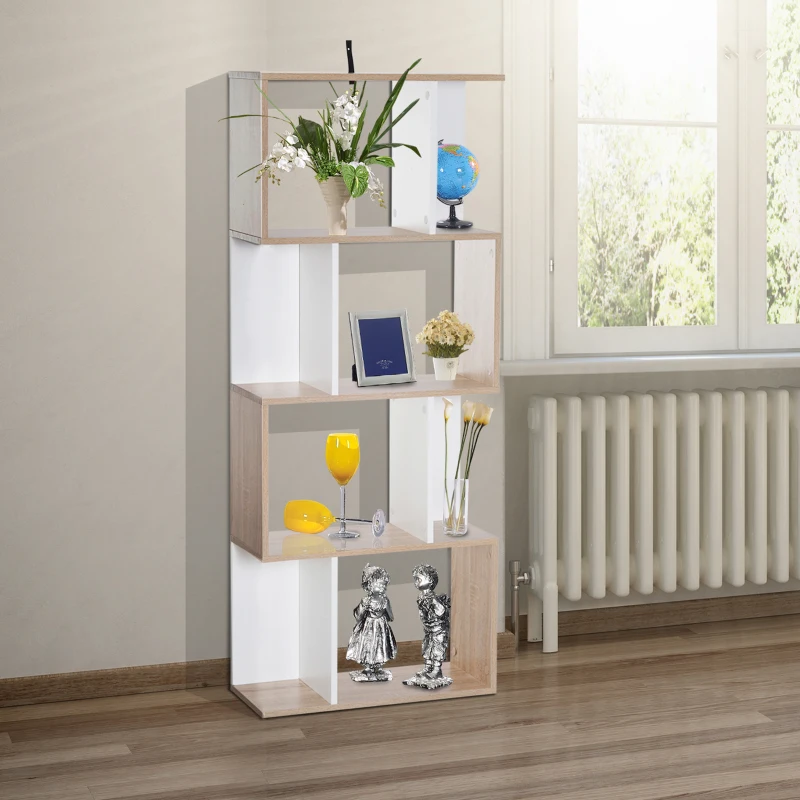 HOMCOM Bibliothèque à 4 niveaux, meuble de rangement en forme de S avec étagères, étagère de rangement pour salon, chambre bureau, 60 x 24 x 148 cm, noir, blanc