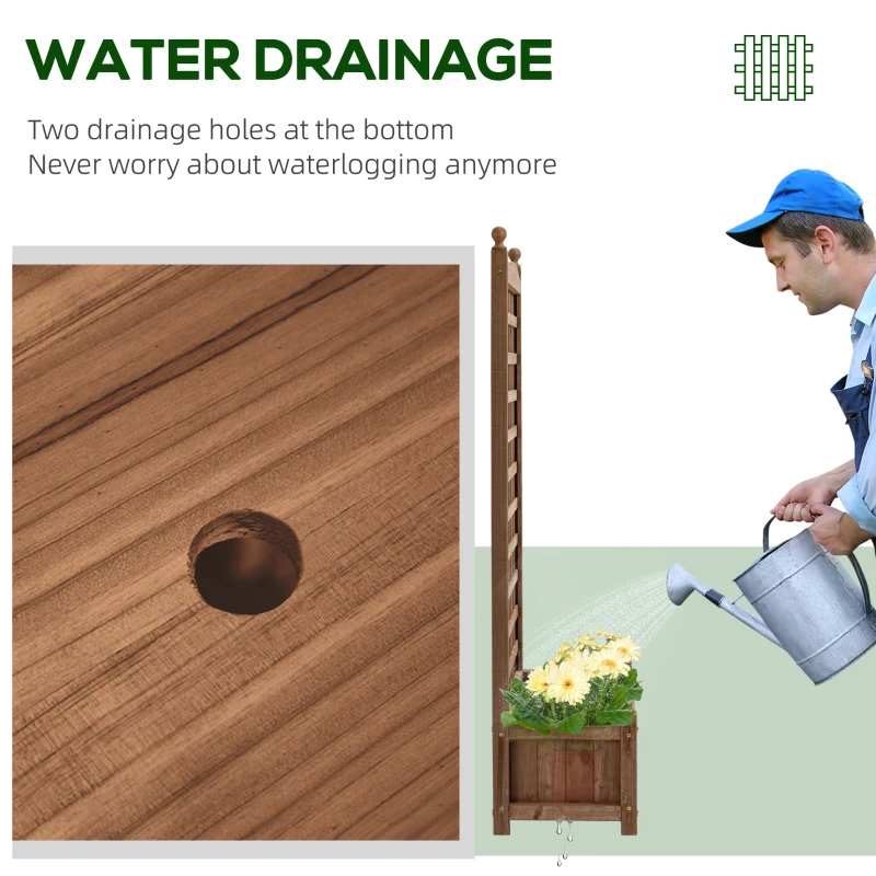 Outsunny Podwyższone Grządki z Trejażem do Roślin Pnących, Skrzynka na Kwiaty z Wspornikiem dla Winorośli, Drewno, Ciemnobrązowe, 64 x 28 x 120 cm