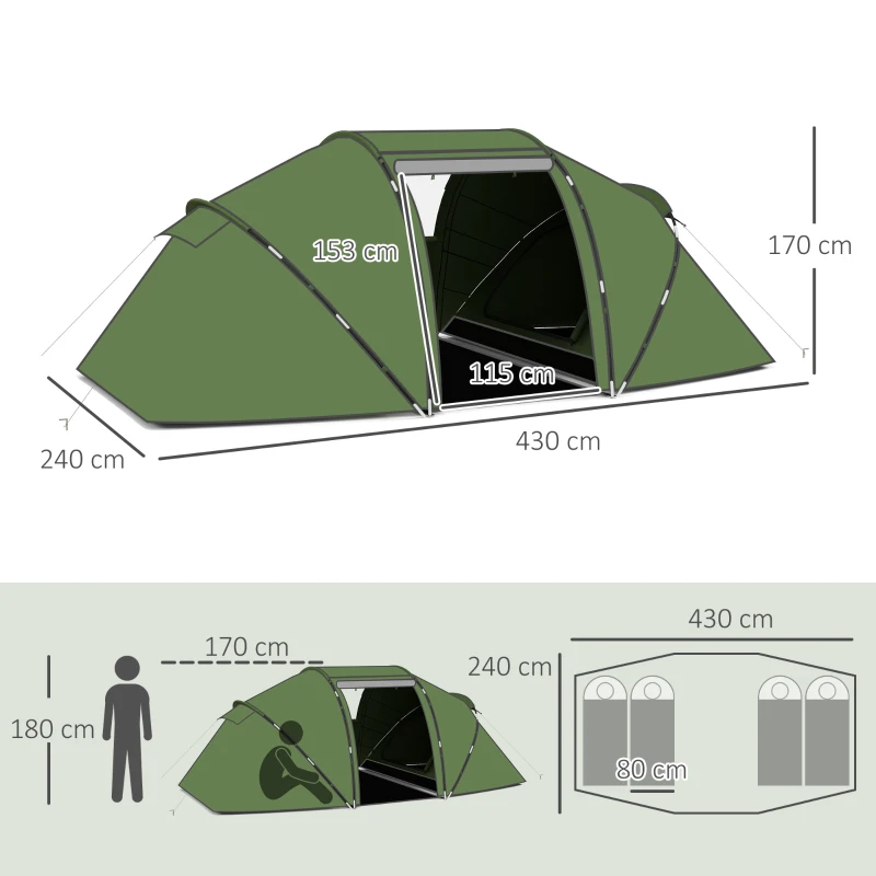 Outsunny Tenda de Campismo Familiar para 4 Pessoas Tenda Dobrável Impermeável para Praia Parque 430x240x170 cm Verde