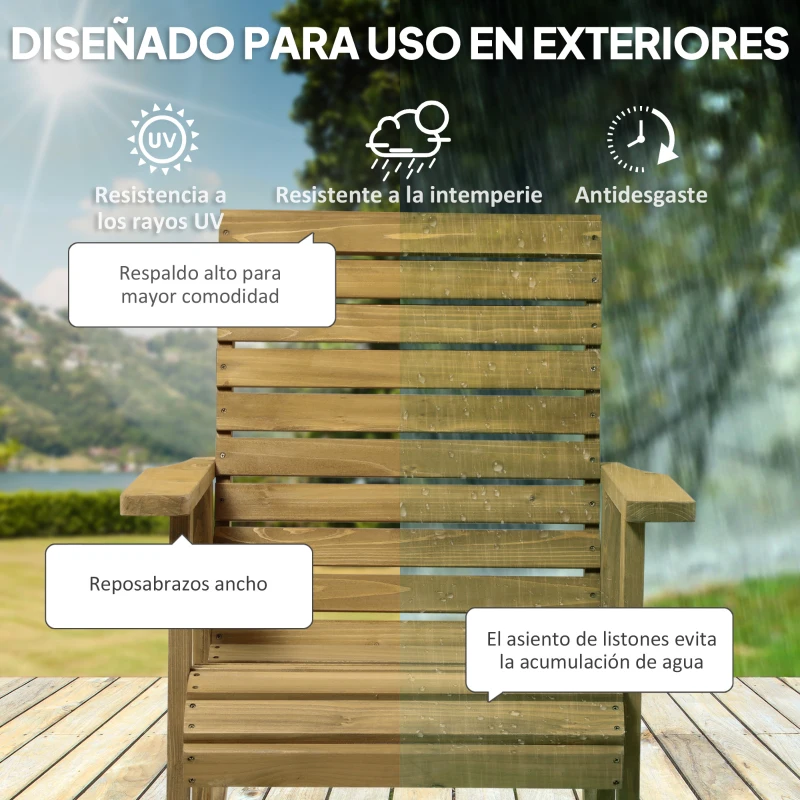 Outsunny Silla Mecedora de Madera con Respaldo Alto Reposabrazos y Balanceo Suave para Jardín Terraza 86x64x85 cm Marrón Claro