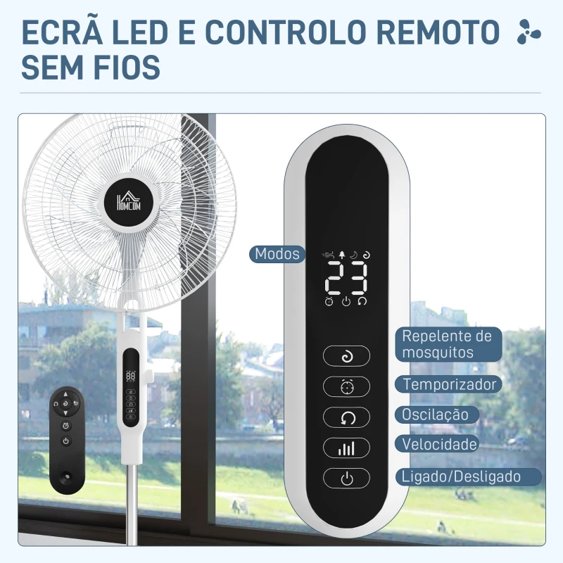 HOMCOM Ventoinha de Pé Ajustável em Altura com 7 Pás 28 Velocidades Oscilação de 75° Temporizador e Repelente de Mosquitos Branco