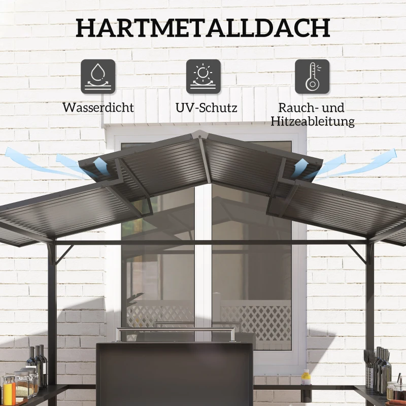 Outsunny Grillpavillon 250 x 160 x 250 cm wasserdicht Gartenpavillon mit Doppelschichtdach, Seitenregalen Schwarz