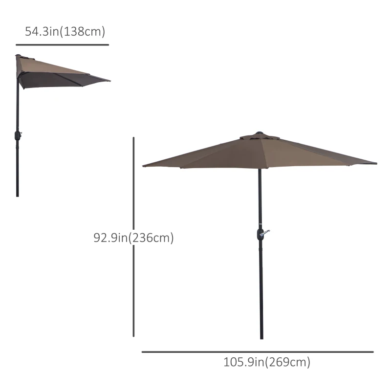 Outsunny 2.7m Balcony Half Parasol Garden Outdoor Umbrella 5 Steel Ribs - Brown