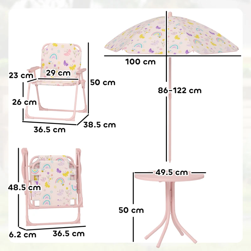 AIYAPLAY Set de Mobilier de Grădină din 4 Piese cu Masă, Scaune și Umbrelă de Soare Reglabilă, 50xΦ49,5 cm, Roz