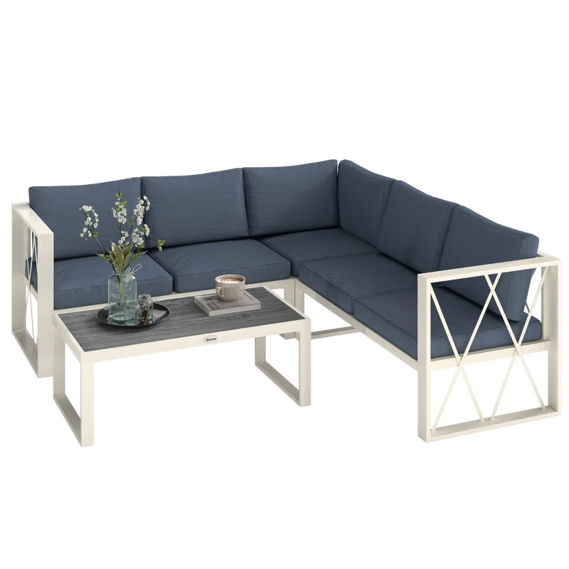 Outsunny Conjunto de Jardim de 4 Peças em Forma de L com 2 Sofás Sofá de Canto com Assento Ajustável e Mesa de Centro Bege e Cinza