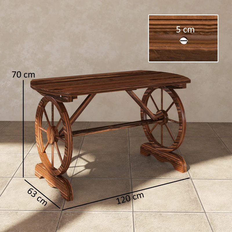 Outsunny Mesa de Jardim de Madeira 120x63x70 cm com Pernas em Forma de Roda Orifício para Chapéu de Sol Madeira Carbonizada