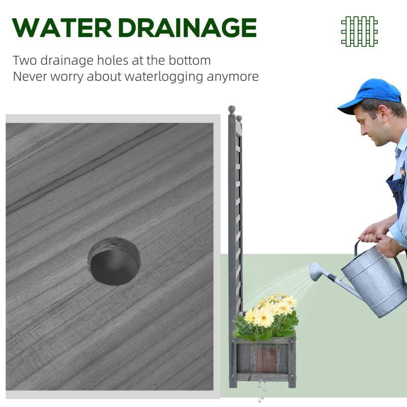 Outsunny skrzynka na rośliny, stojak na kwiaty, kratka na pnącza, skrzynka z kratką, łuk różany z otworami drenażowymi, ogród, drewno, jasnoszara, 64 x 28 x 120 cm