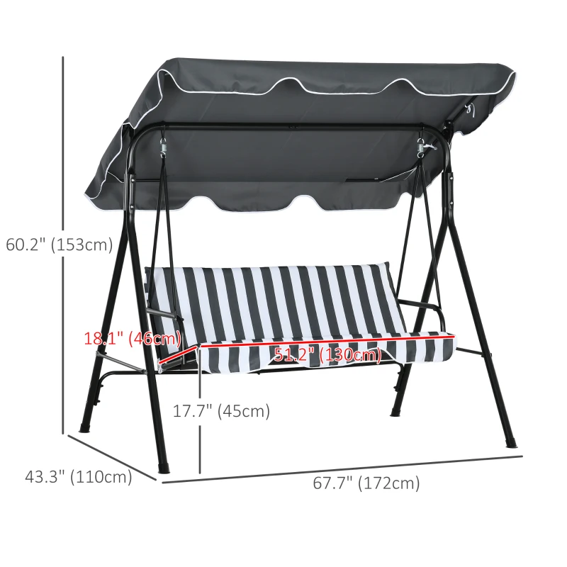 Outsunny 3 Seater Garden Swing Chair, Outdoor Swing Chair with Adjustable Canopy, Mental Frame & Cushions, Grey