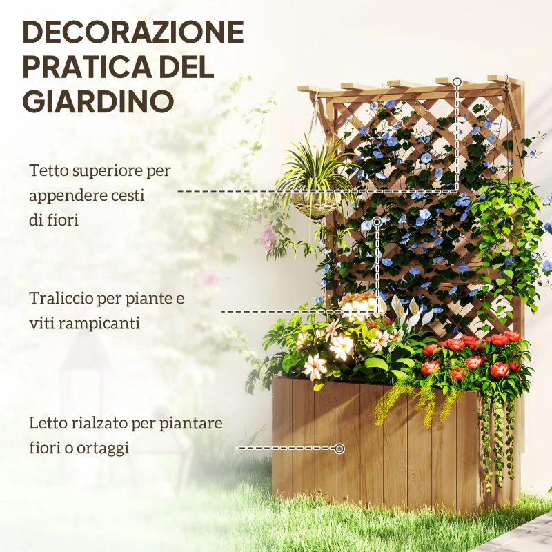 Outsunny Letto per Orto Rialzato con Traliccio per Rampicanti e Pergola Superiore, 64x33x122 cm, Legno