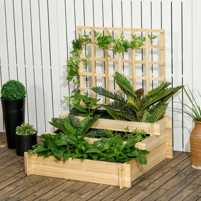 Outsunny Jardiniera cu 3 Niveluri cu Grilaj pentru Catarat Vita de Vie, Paturi Suprainaltate din Lemn pentru Gradina, Jardiniera in Aer Liber pentru Legume, Flori, Ierburi, Nuanta Natur