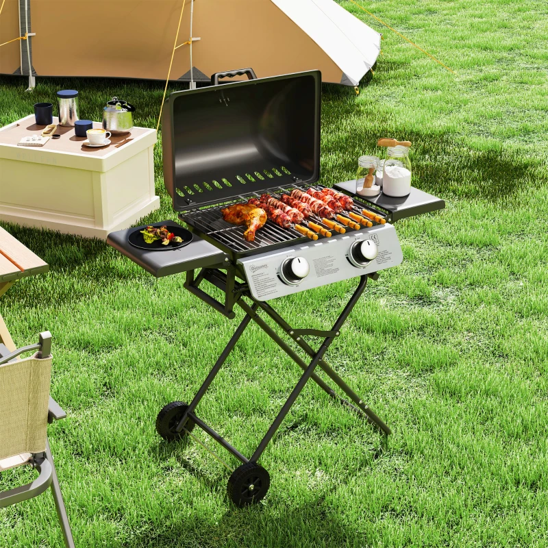 Outsunny Barbecue a Gás Portátil Dobrável com 2 Queimadores 3 KW Mesas Laterais Bandeja Removível Termómetro e 2 Rodas 101x50x102 cm Preto