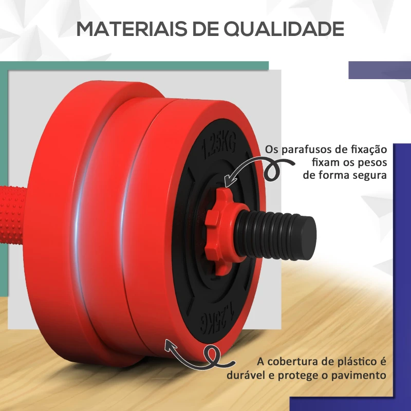 SPORTNOW Conjunto de Halteres 20kg 4 em 1 Conjunto de Pesos com Kettlebell Barra de Pesos para Treino de Força em Casa Ginásio Vermelho