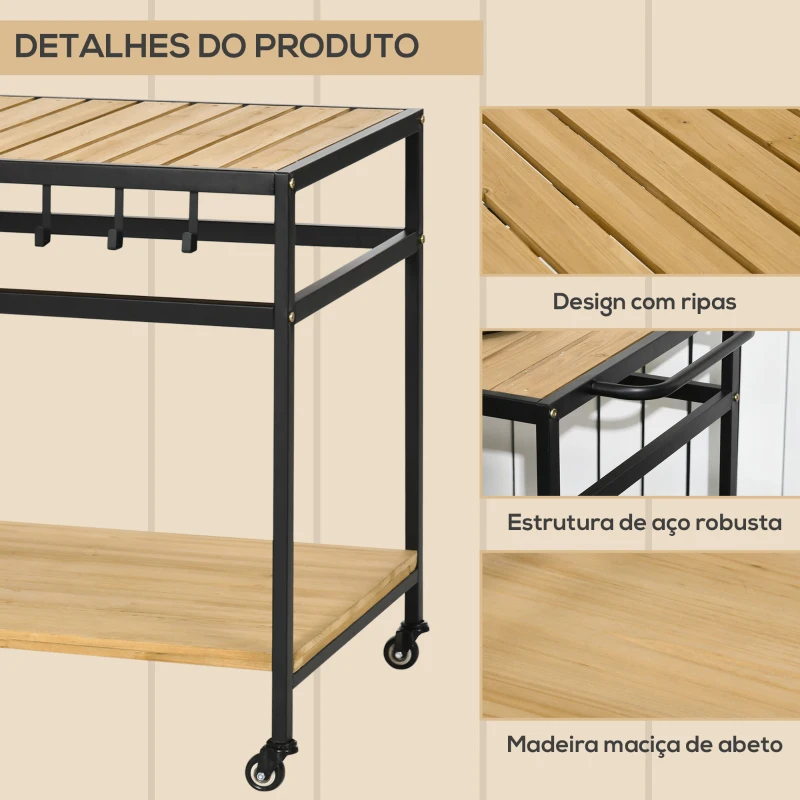 Outsunny Carrinho Multifuncional com Rodas de Madeira Bancada em Ripas 2 Prateleiras 3 Ganchos 107x65x80 cm Madeira