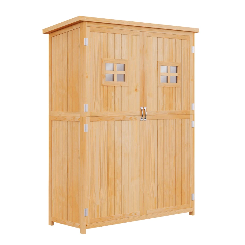 Outsunny Abri de Jardin en bois Armoire de Jardin dim. 127,5L x 50l x 164H cm 2 étagères 2 Portes 2 fenêtres Toit bitumé étanche Bois Massif Sapin pré-huilé bois naturel