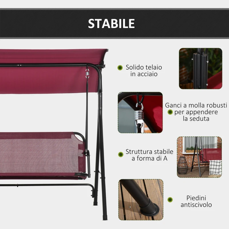 Outsunny Dondolo da Giardino 3 Posti in Acciaio con Tetto Parasole in Poliestere, 172x110x153 cm, Rosso e Nero