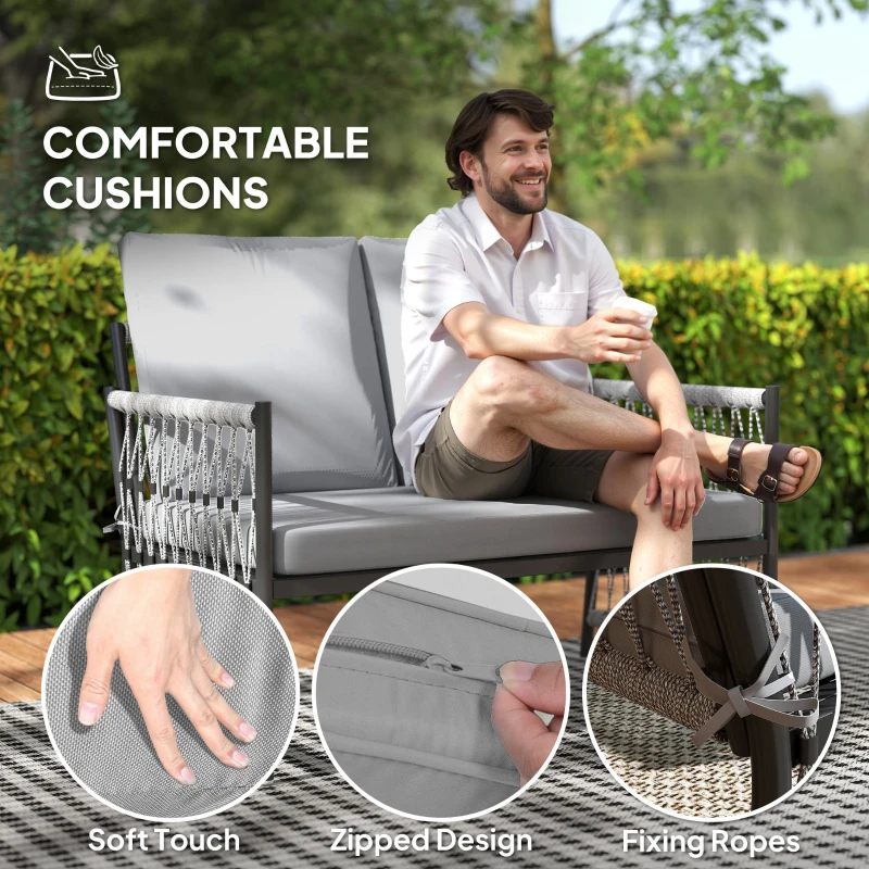 Outsunny 4 Piece Rattan Garden Furniture Set, 4 Seater Wicker Patio Conversation Set with 2 Armchairs, Loveseat, Glass Top Coffee Table and Cushions for Outdoor, Balcony, Grey