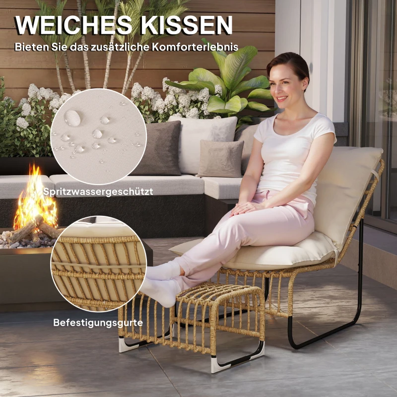 Outsunny Rattanowy Fotel Relaksacyjny z Podnóżkiem Odporny na UV, z Poduszką, 65 x 93 x 80 cm, Kolor Drewna Naturalnego