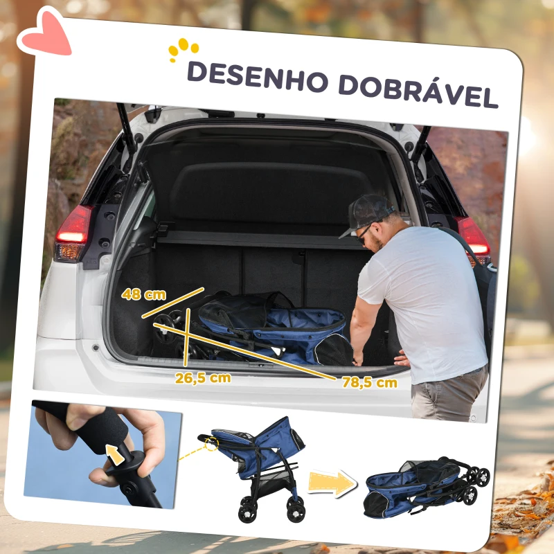 PawHut Carrinho para Cães Dobrável para Cães Pequenos com Cesta de Armazenamento Capota Ajustável Janela de Malha 81x48x99 cm Azul