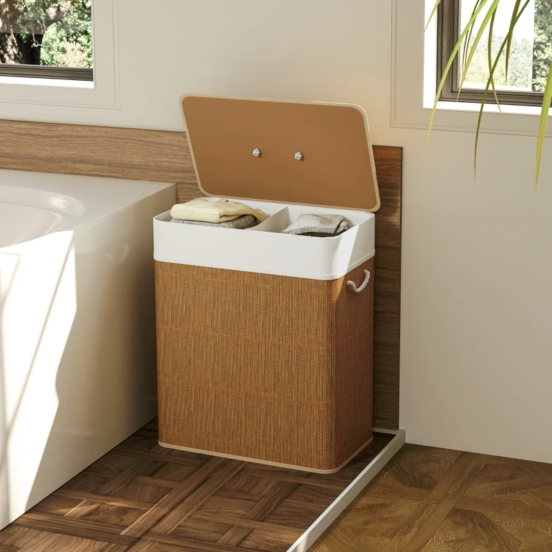 HOMCOM Cesto de Ropa Sucia de Bambú con 2 Compartimentos Asas para Facilitar el Uso y Bolsas Desmontables Lavables 52x32x63 cm