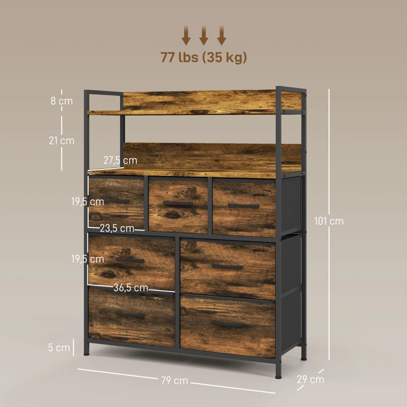 HOMCOM Cómoda com 7 Gavetas Dobráveis Prateleiras Abertas e Estrutura de Aço Cómoda Estreito 79x29x101 cm Castanho Rústico