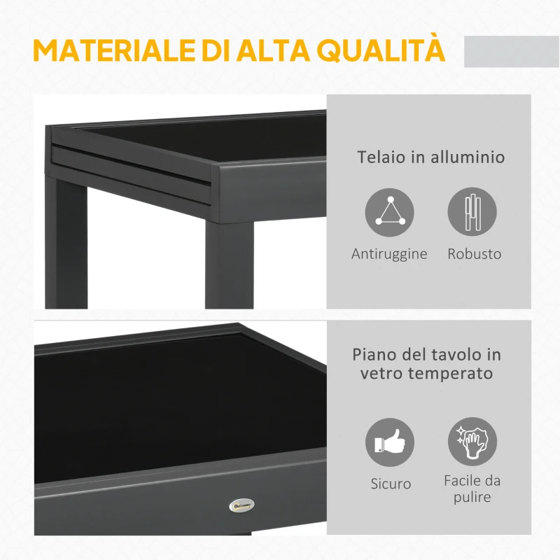 Outsunny Tavolo da Pranzo Allungabile da Giardino con Piano in Vetro e Alluminio, 80-160x80x75 cm, Nero