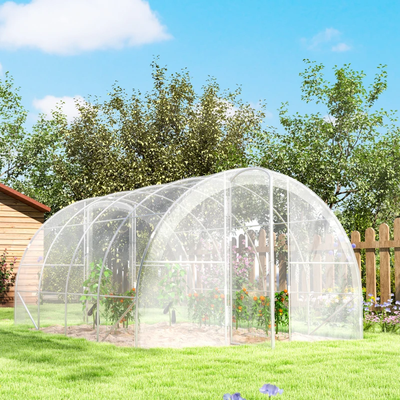 Outsunny Estufa de Túnel 395x295x195 cm Estufa de Jardim com 2 Portas Estufa para Horticultura com Teto Arredondado Transparente