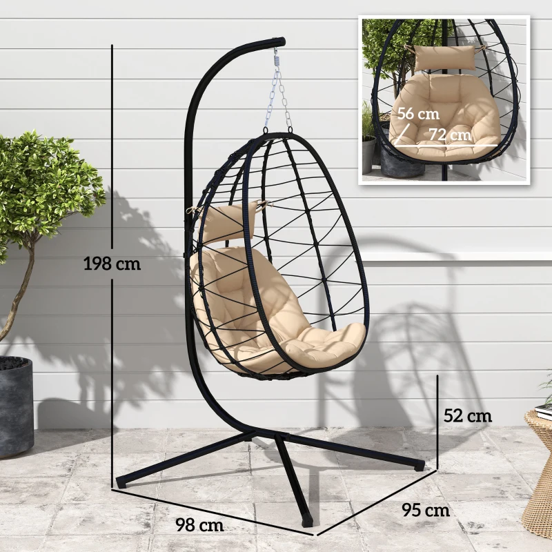 Outsunny Cadeira Suspensa com Suporte Baloiço Jardim com Cesto Dobrável Almofada e Apoio de Cabeça 98x95x198 cm Caqui