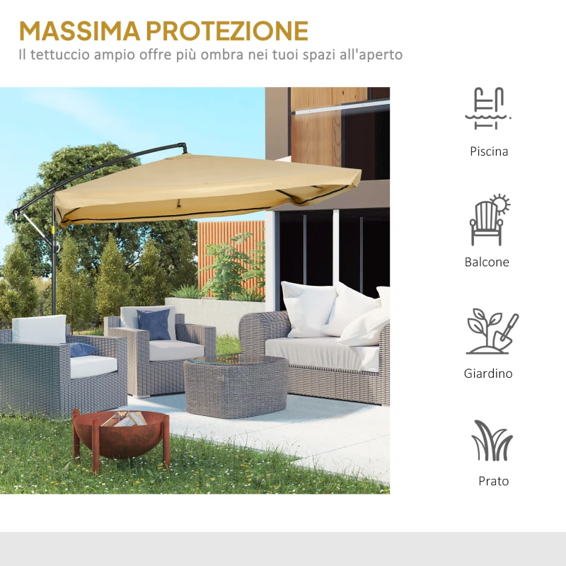 Outsunny Ombrellone da Giardino a Braccio Inclinabile con Apertura a Manovella e Zanzariera, 3x3 m, Beige