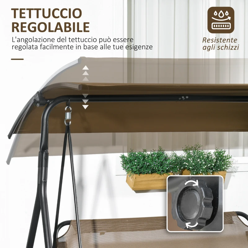 Outsunny Dondolo da Giardino 3 Posti con Copertura Regolabile, in Acciaio e Poliestere, 172x110x153 cm, Marrone e Grigio