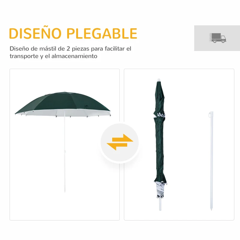 Outsunny Parasol para Playa 2 en 1 con 2 Paneles Laterales Toldo Portátil Anti-UV con Bolsa de Transporte Ø210x222cm Verde