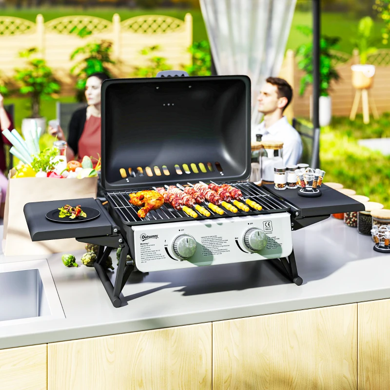 Outsunny Barbecue a Gás com 2 Queimadores de Aço Inoxidável 3 KW Prateleiras Laterais Bandeja e Termómetro 101x48x41 cm Preto