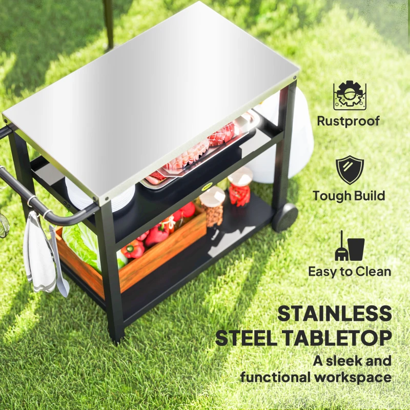 Outsunny Grillwagen 3-Etagen met Werkoppervlak, Planken, Haken, Wielen, Roestvrij Staal, 102x50x81cm, Koolgrijs