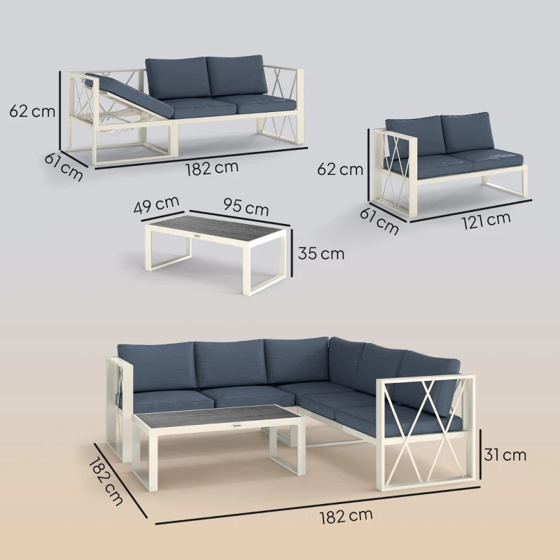 Outsunny Conjunto de Jardim de 4 Peças em Forma de L com 2 Sofás Sofá de Canto com Assento Ajustável e Mesa de Centro Bege e Cinza