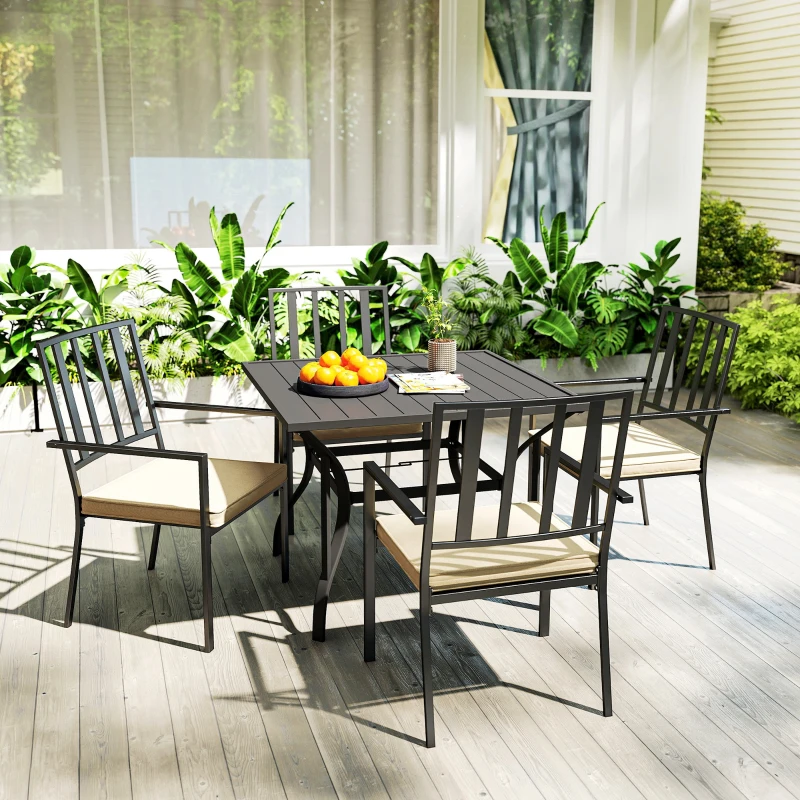 Outsunny 5 Pieces Garden Dining Set with Cushions, Outdoor Patio Table and 4 Stackable Chairs, Metal Top Table with Umbrella Hole, Black