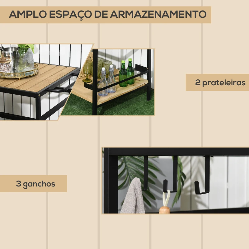 Outsunny Carrinho Multifuncional com Rodas de Madeira Bancada em Ripas 2 Prateleiras 3 Ganchos 107x65x80 cm Madeira