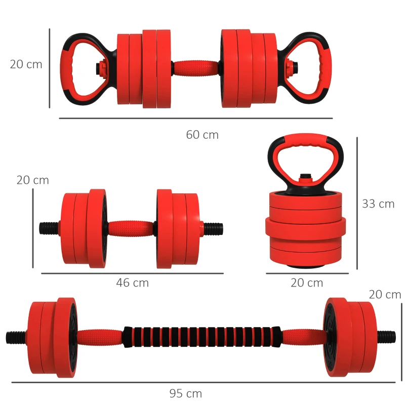 SPORTNOW Conjunto de Halteres 20kg 4 em 1 Conjunto de Pesos com Kettlebell Barra de Pesos para Treino de Força em Casa Ginásio Vermelho